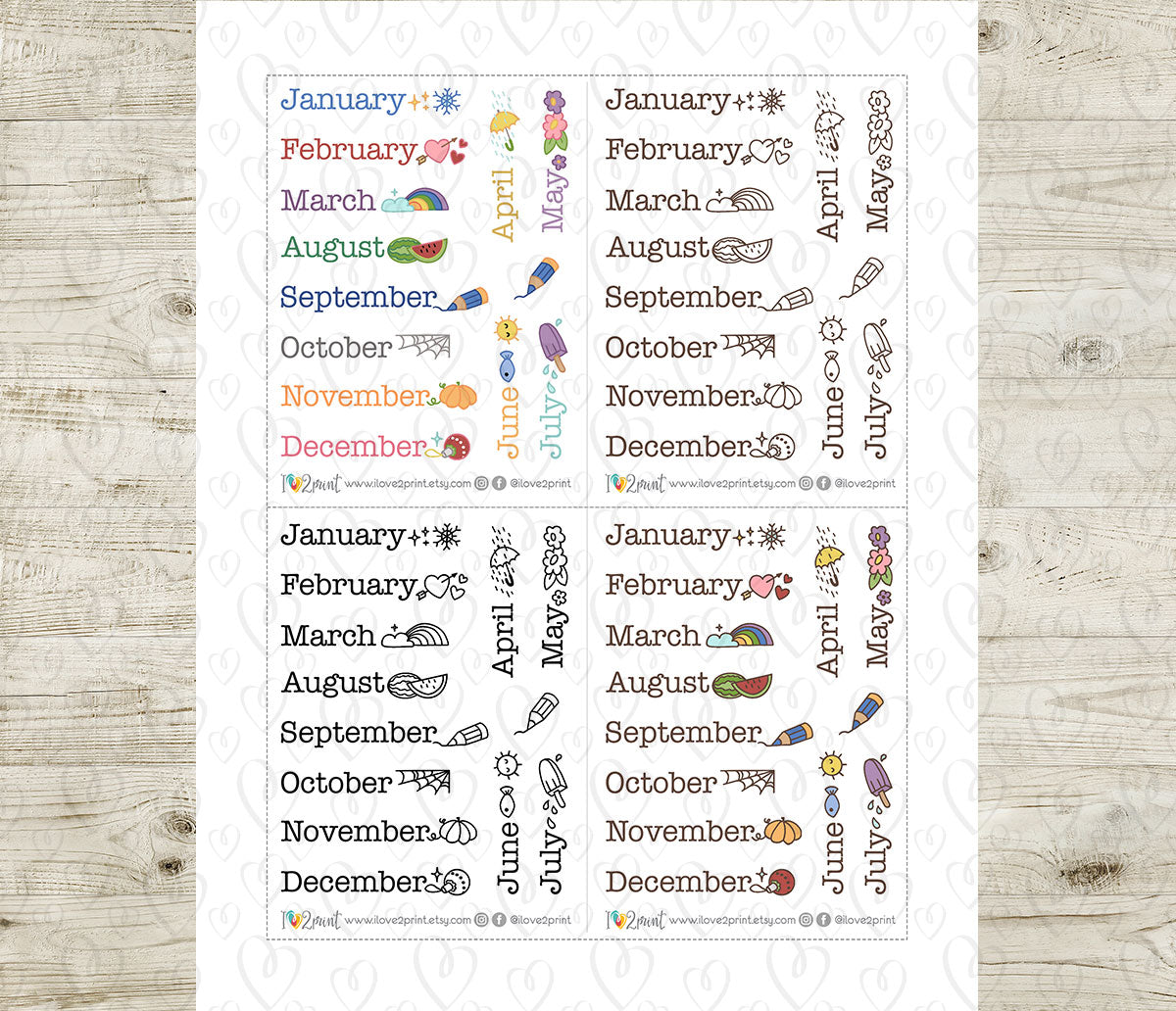 Month Doodle Headers - Printable Planner Stickers –  Functional Set – Instant Download