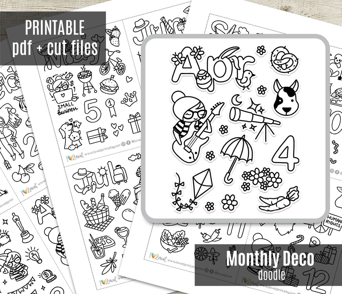Elena Decorative Monthly Stickers - DOODLE Printable Planner Sticker - PDF & Cut Files