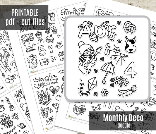 Elena Decorative Monthly Stickers - DOODLE Printable Planner Sticker - PDF & Cut Files