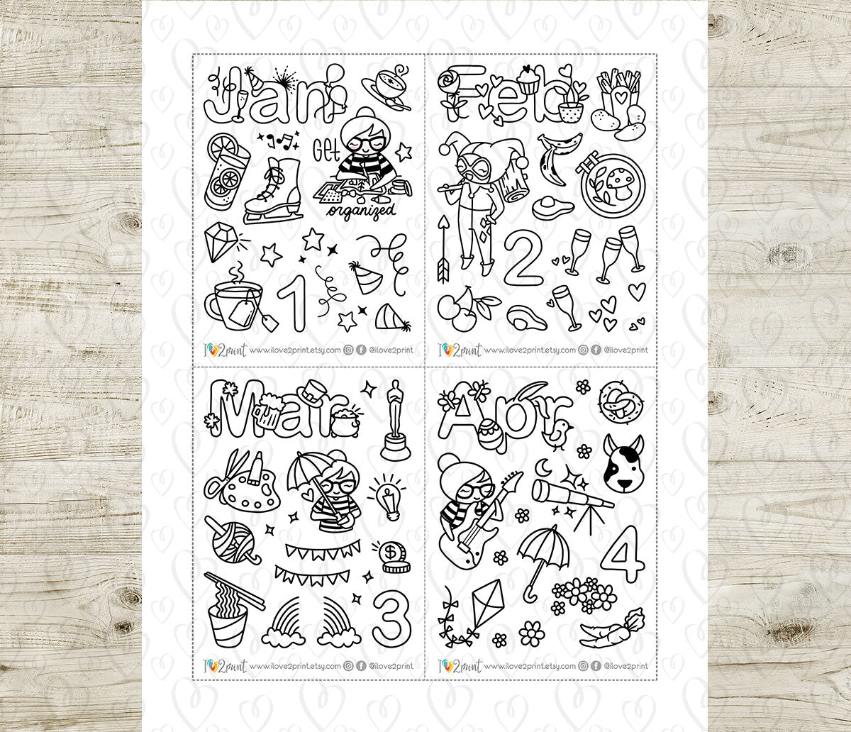 Elena Decorative Monthly Stickers - DOODLE Printable Planner Sticker - PDF & Cut Files