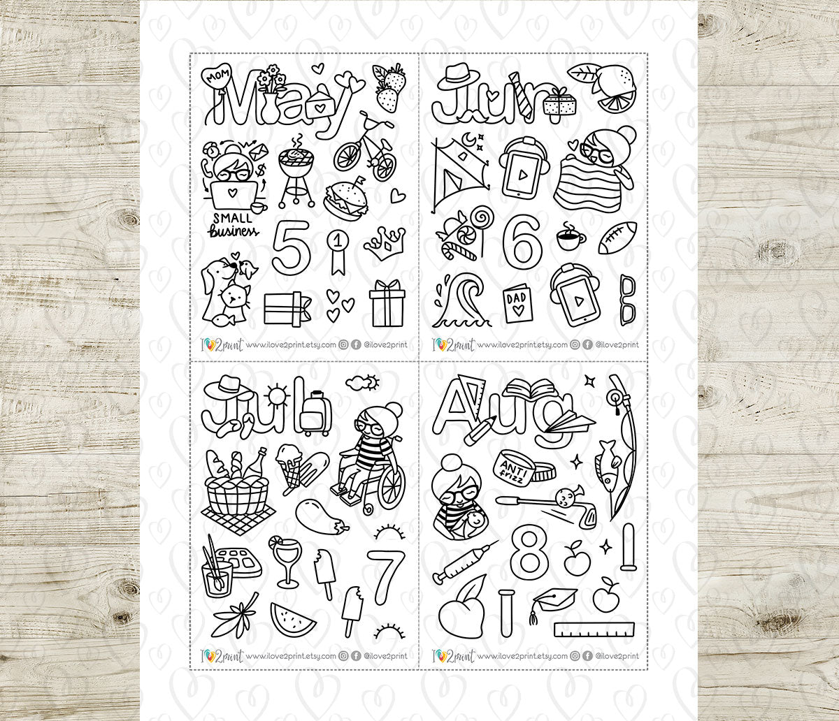 Elena Decorative Monthly Stickers - DOODLE Printable Planner Sticker - PDF & Cut Files