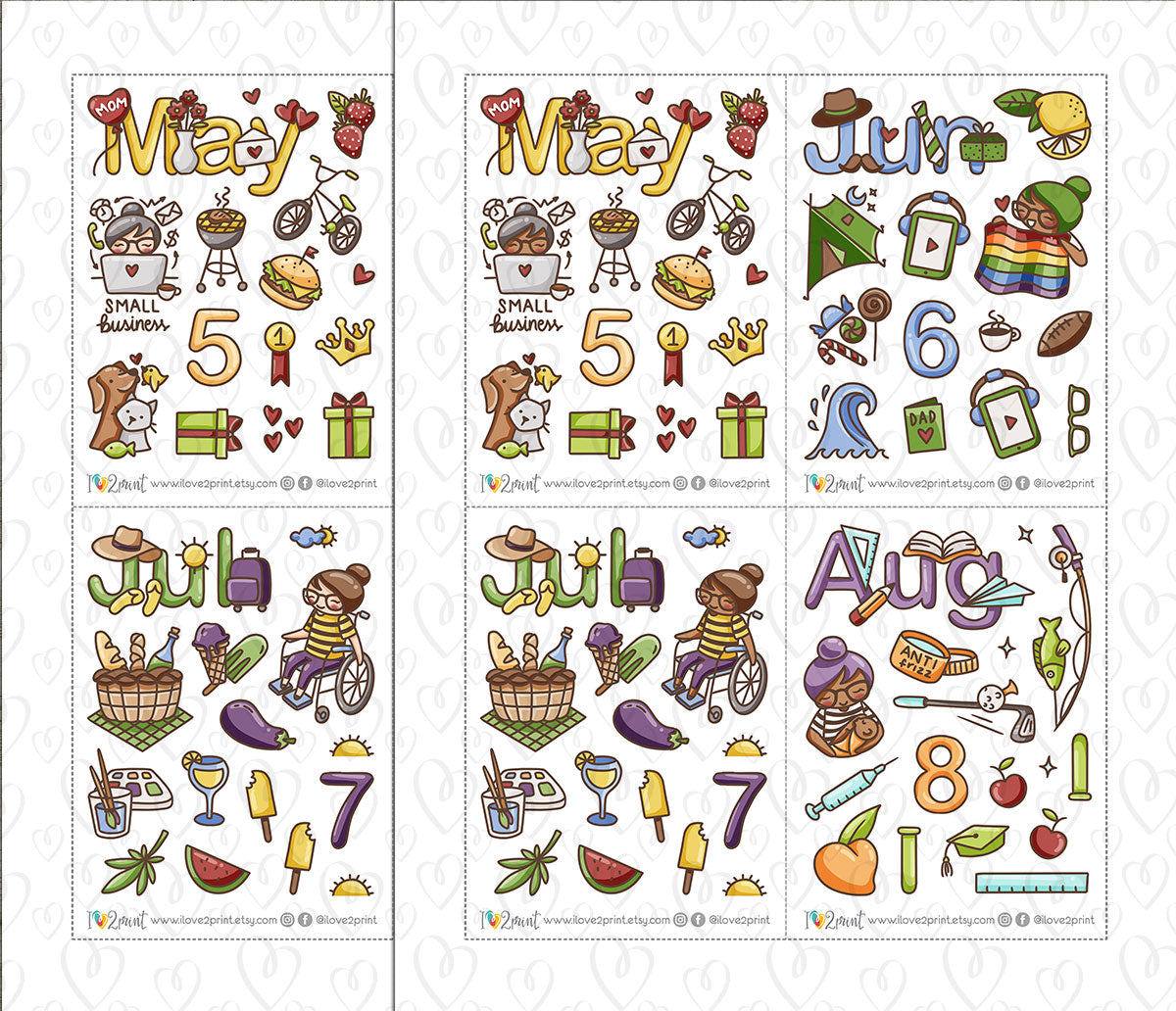 Elena Decorative Monthly Stickers - COLOR (2 skin variations) Printable Planner Sticker - PDF & Cut Files