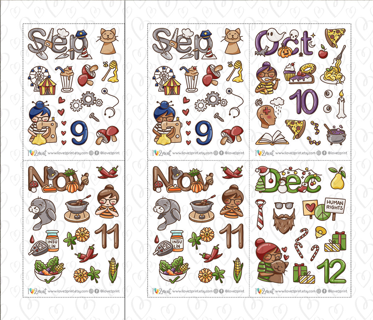 Elena Decorative Monthly Stickers - COLOR (2 skin variations) Printable Planner Sticker - PDF & Cut Files