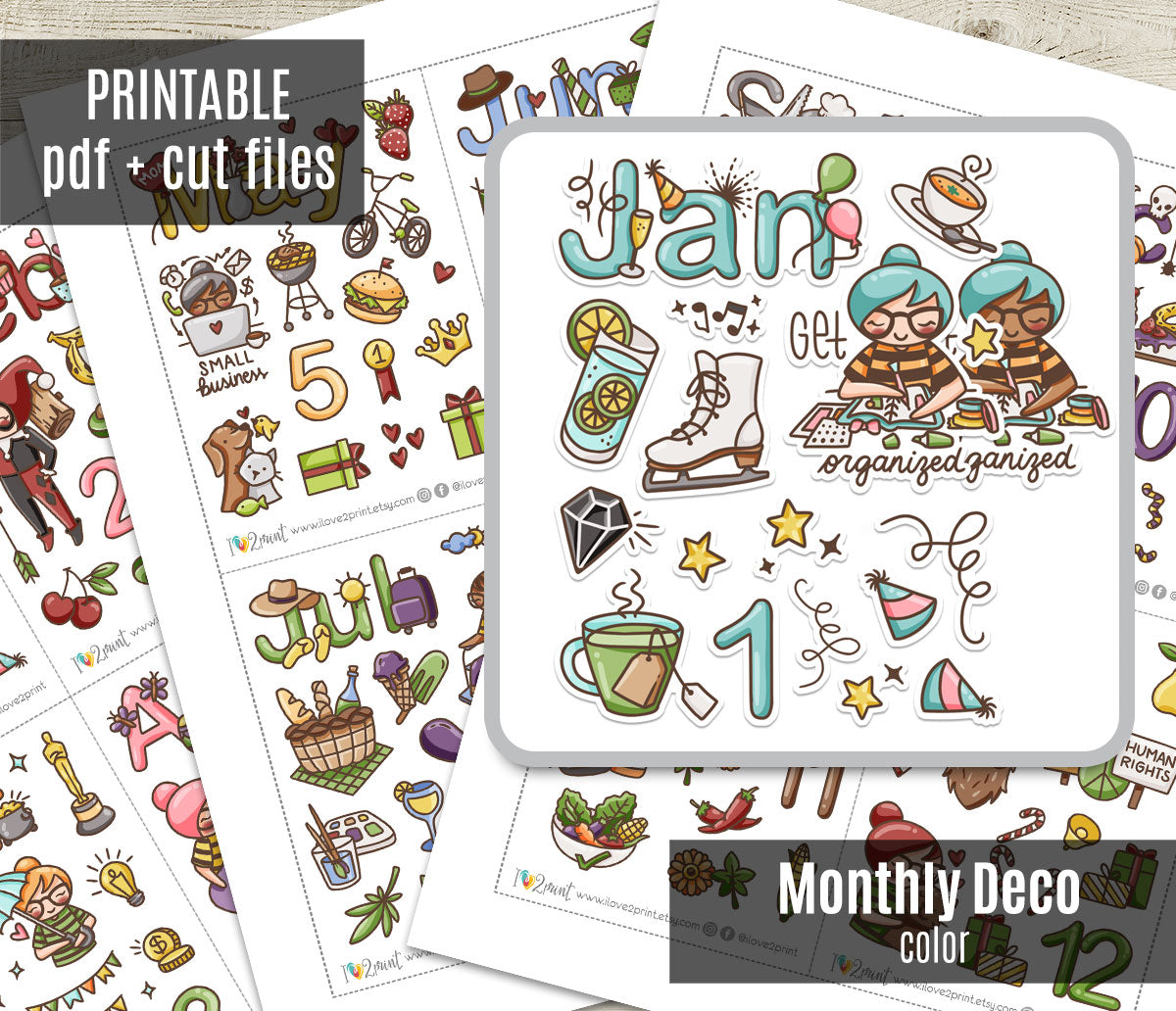 Elena Decorative Monthly Stickers - COLOR (2 skin variations) Printable Planner Sticker - PDF & Cut Files