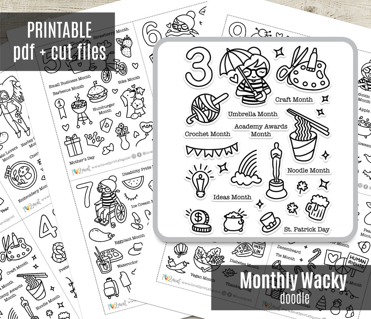 Elena Monthly Wacky Holidays Stickers - DOODLE Printable Planner Sticker - PDF & Cut Files