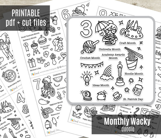 Elena Monthly Wacky Holidays Stickers - DOODLE Printable Planner Sticker - PDF & Cut Files