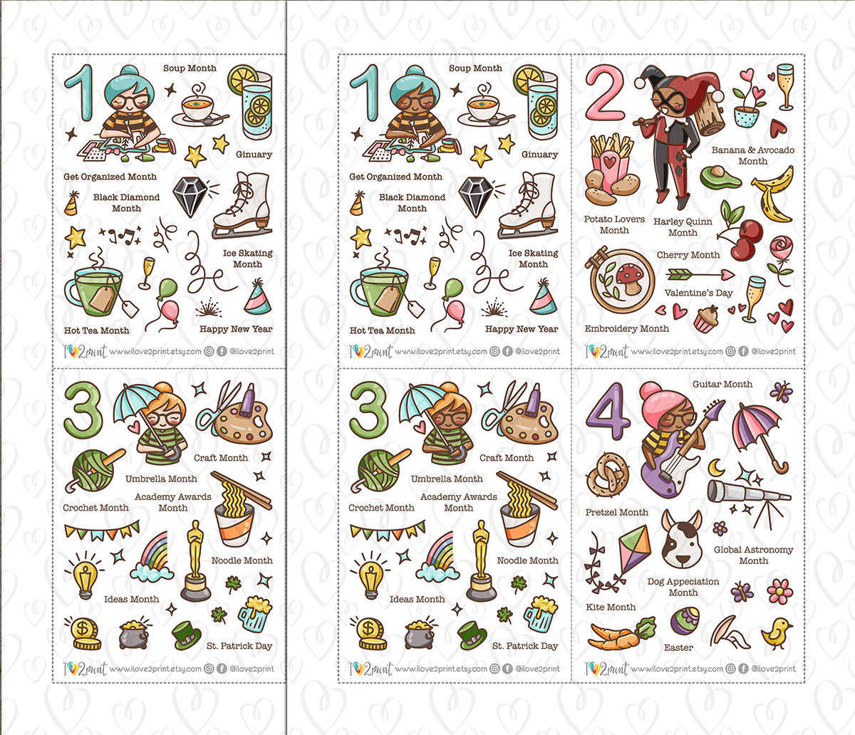 Elena Monthly Wacky Holidays Stickers - COLOR (2 skin variation) Printable Planner Sticker - PDF & Cut Files