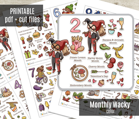 Elena Monthly Wacky Holidays Stickers - COLOR (2 skin variation) Printable Planner Sticker - PDF & Cut Files