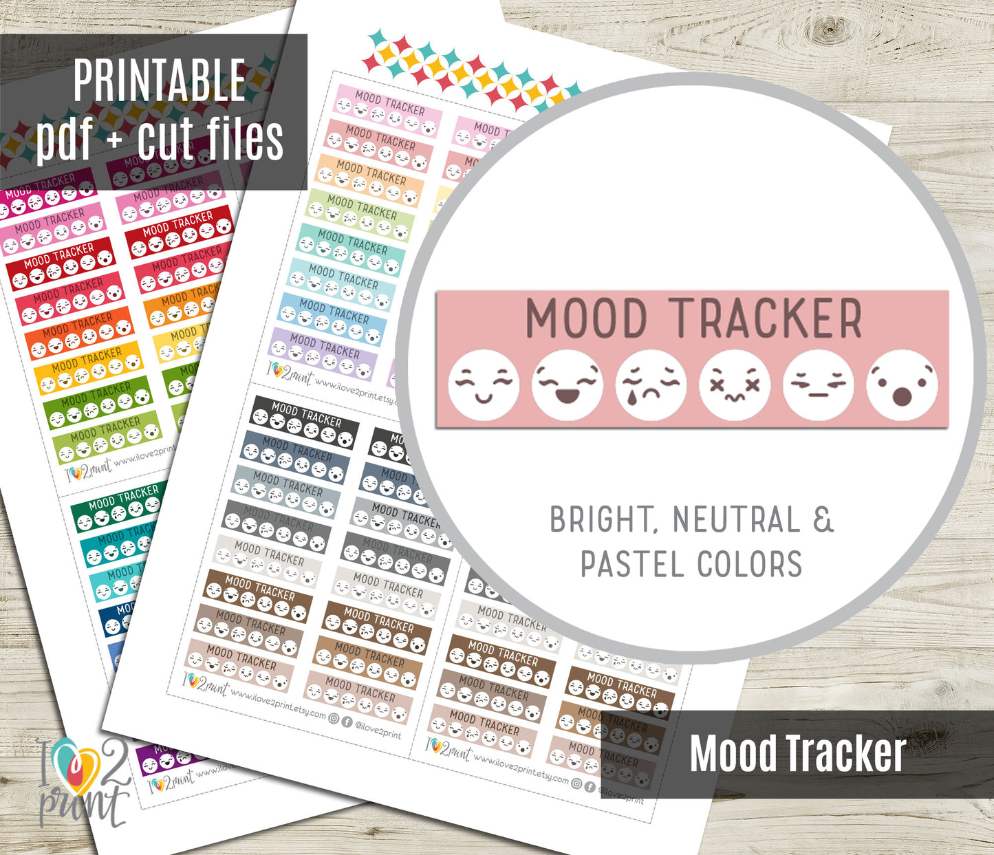 Mood Tracker Color Printable Planner Stickers  - PDF & Cut Files