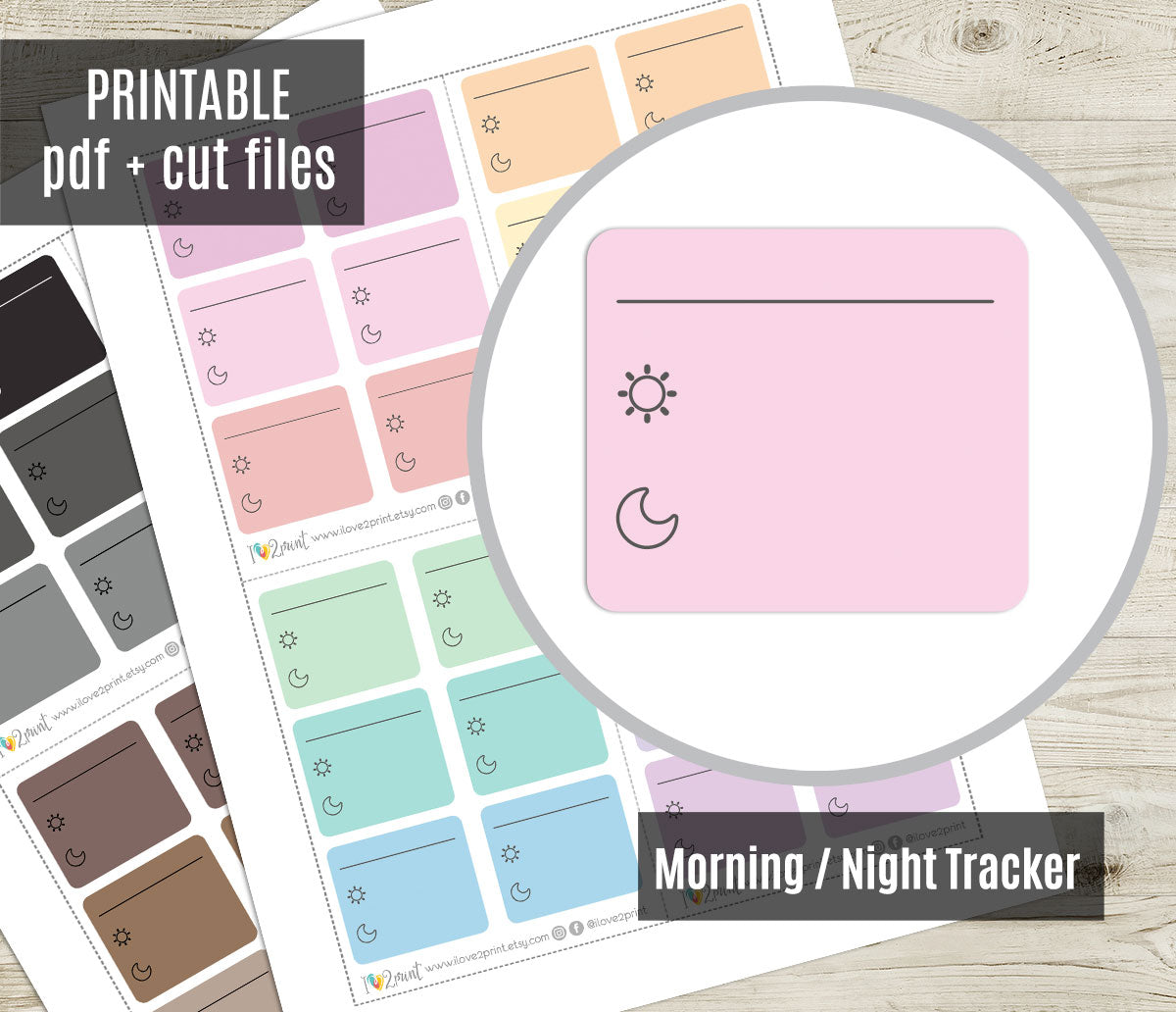 Sheet of morning and night tracker printable planner sticker on a wooden surface.