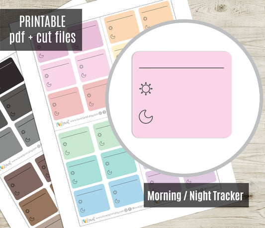 Sheet of morning and night tracker printable planner sticker on a wooden surface.