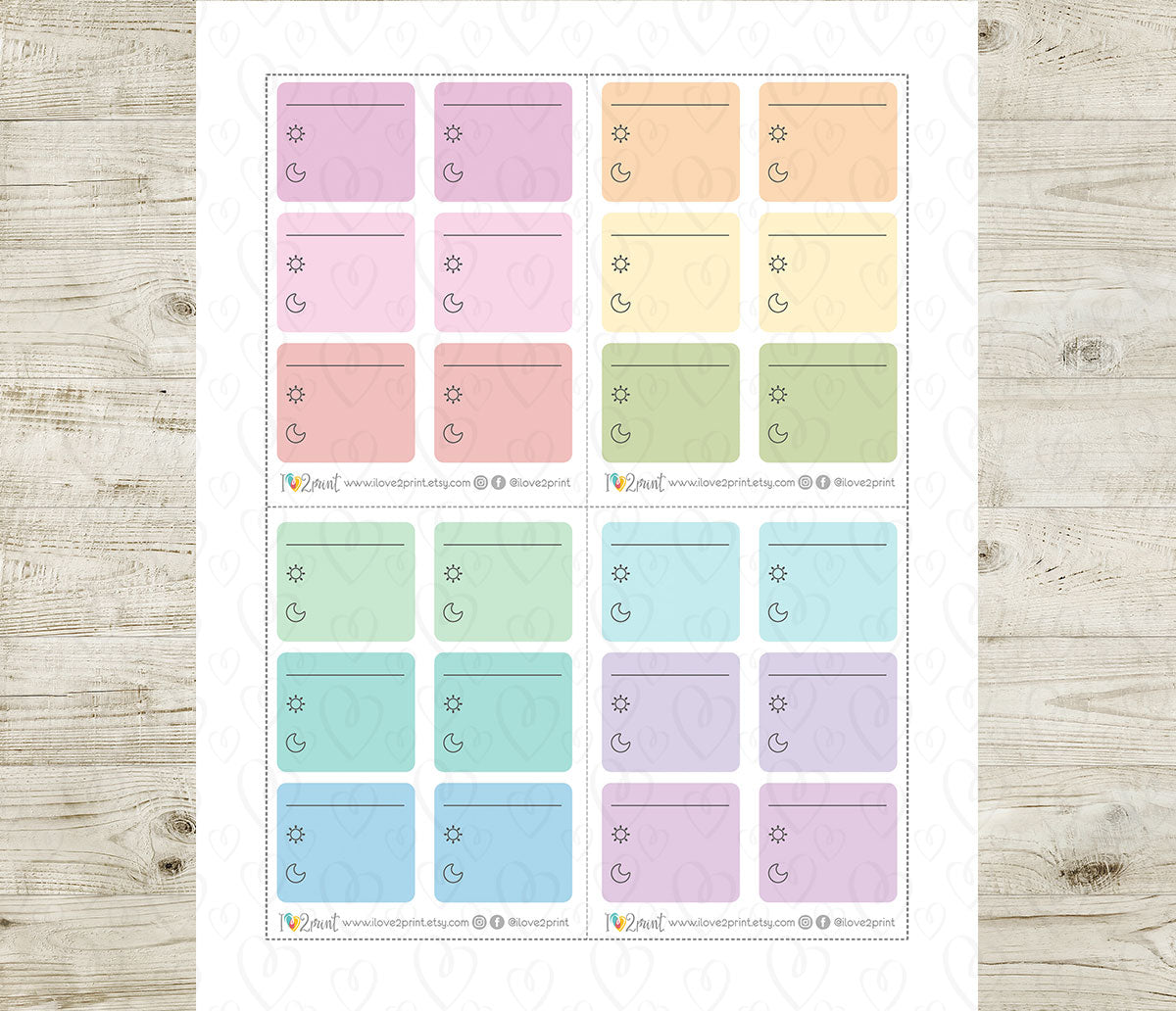 Set of pastel-colored routine tracker stickers on a wooden surface