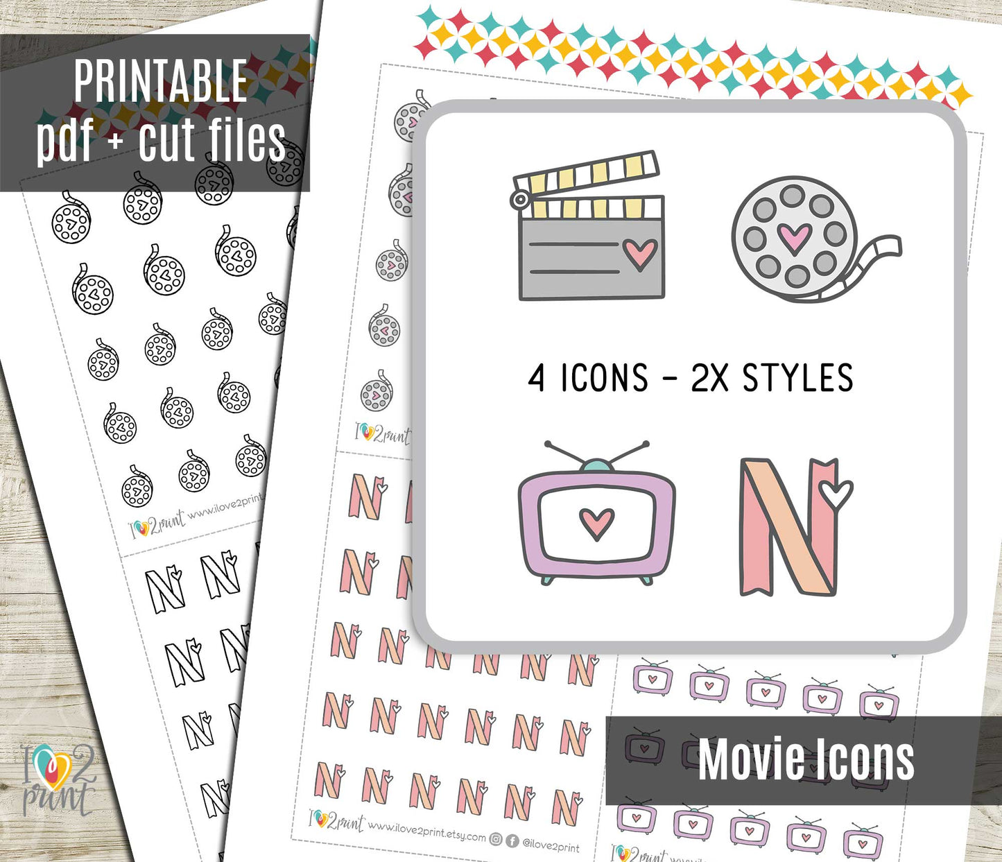 Movies Icons Stickers Set  - Functional Printable Stickers - PDF & Cut Files