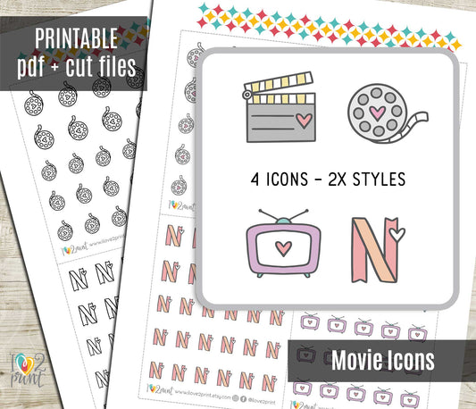 Movies Icons Stickers Set  - Functional Printable Stickers - PDF & Cut Files