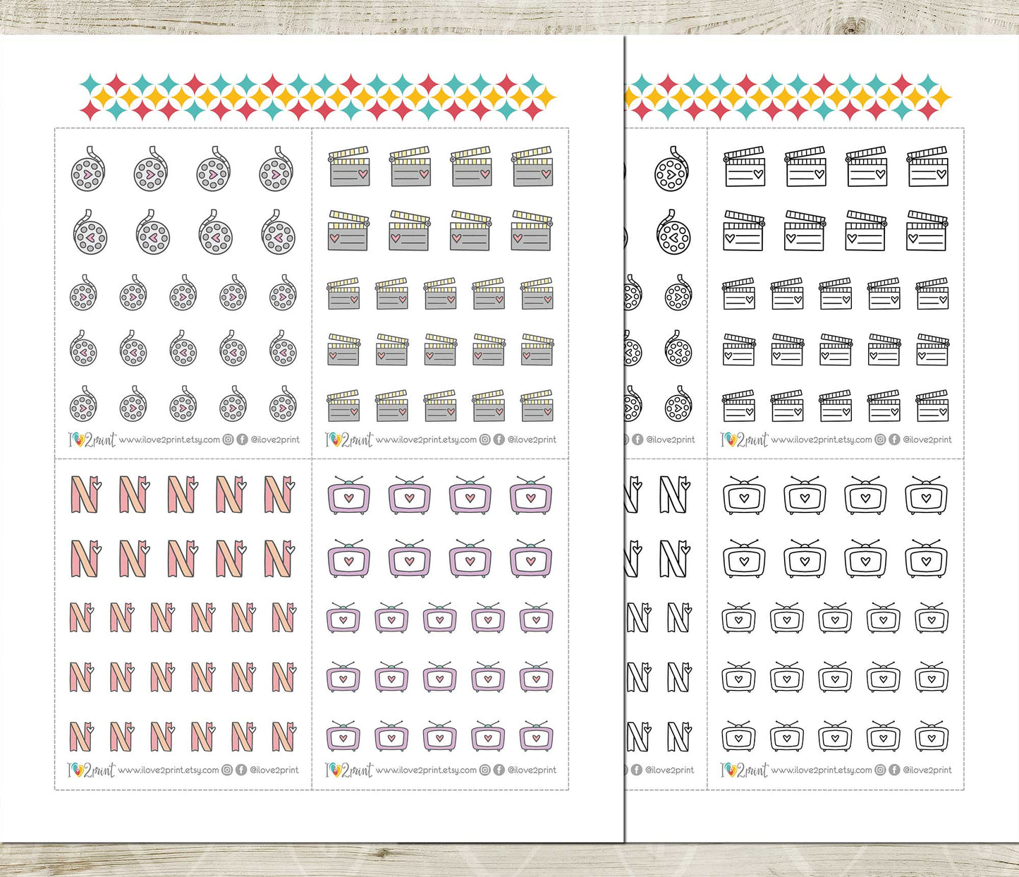 Movies Icons Stickers Set  - Functional Printable Stickers - PDF & Cut Files
