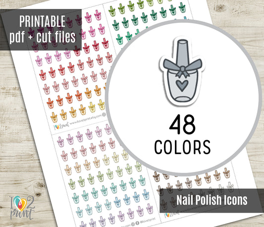 Nail Polish Mini Icons – Functional Printable Stickers in 48 Colors – PDF & Cut Files