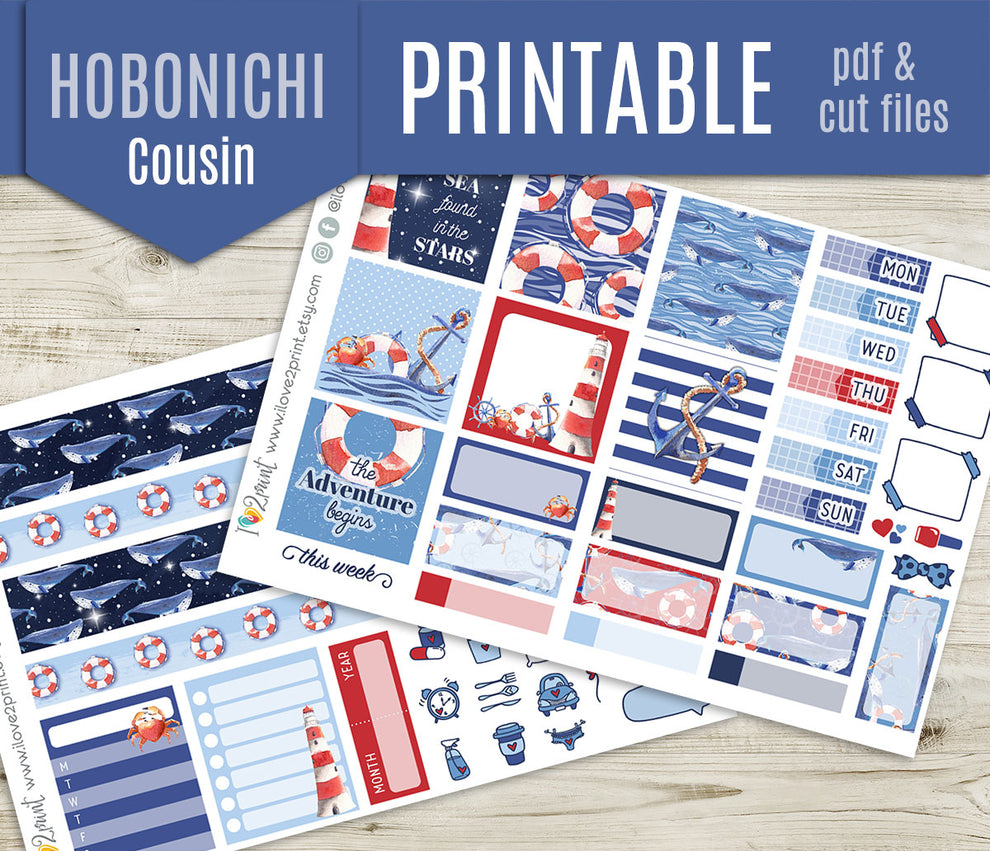 Nautical Watercolor Stickers - Hobonichi Cousin - Printable PDF & Cut ...