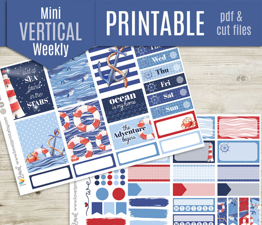 Nautical Watercolor Mini Weekly Stickers - Printable PDF & Cut Files