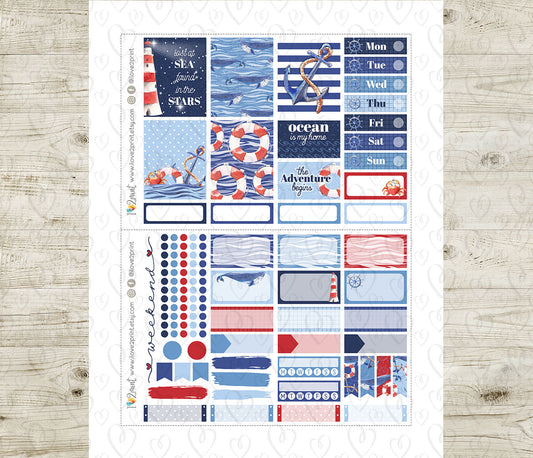 Nautical Watercolor Mini Weekly Stickers - Printable PDF & Cut Files