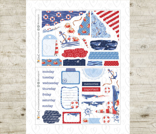 Nautical Watercolor Bullet Journal Set – Printable Summer Stickers - PDF & Cut Files