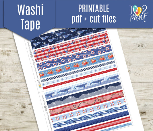 Nautical Watercolor Washi Tape Stickers - Printable PDF & Cut Files