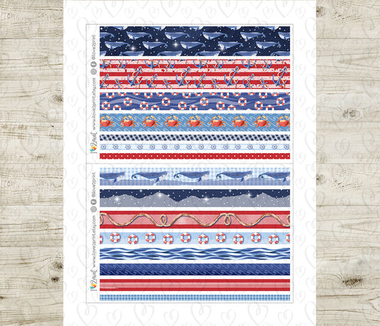 Nautical Watercolor Washi Tape Stickers - Printable PDF & Cut Files