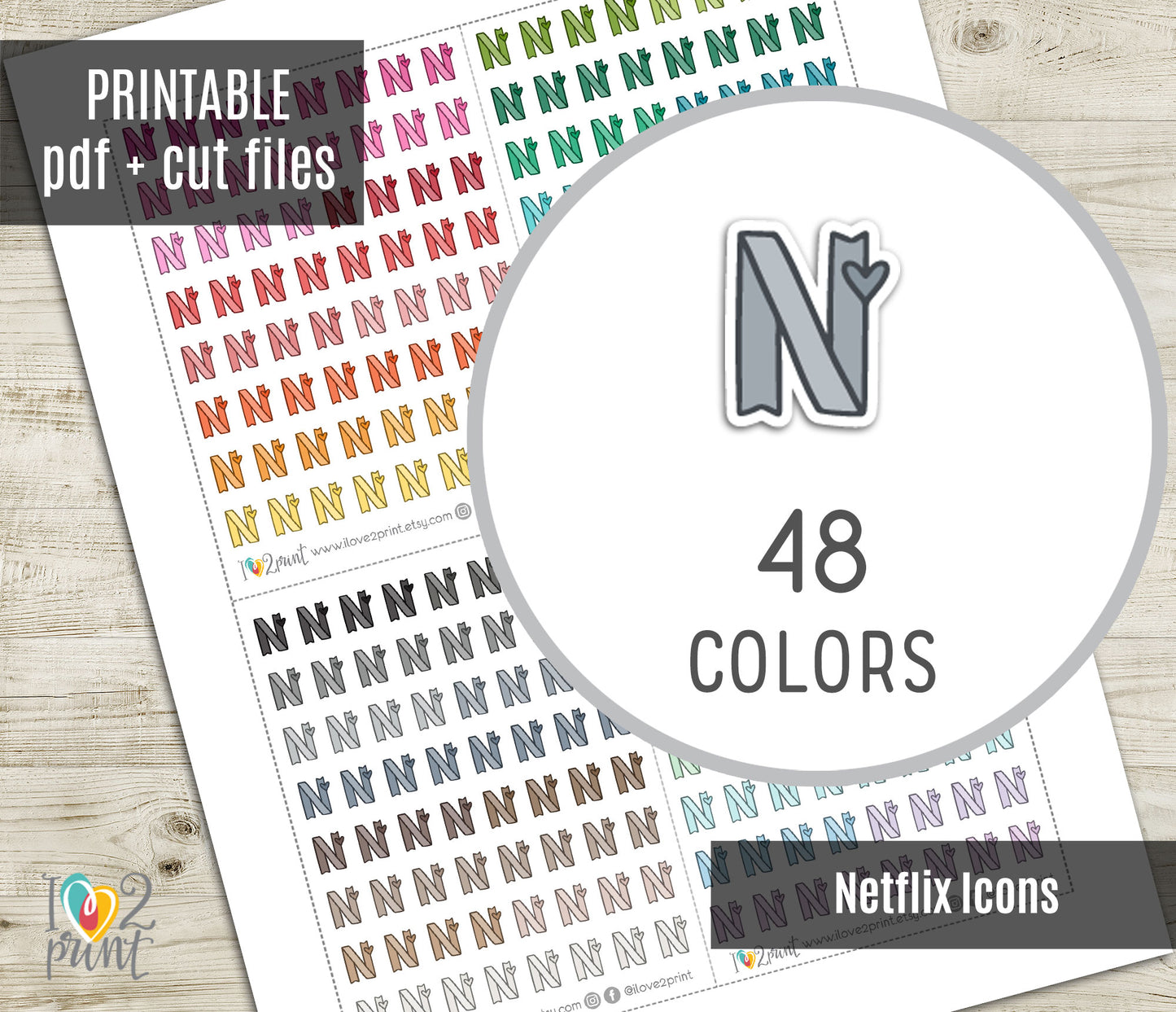 Netflix Mini Icons Printable Planner Stickers | 48 Colors | Streaming Binge Labels | PDF Cut Files