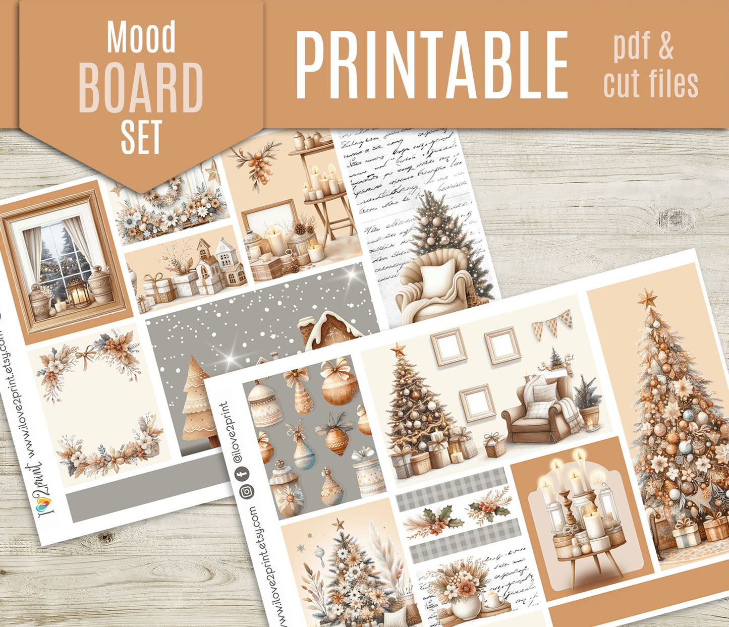 Neutral Christmas Moodboard Stickers - 1,5" boxes Printable PDF & Cut Files