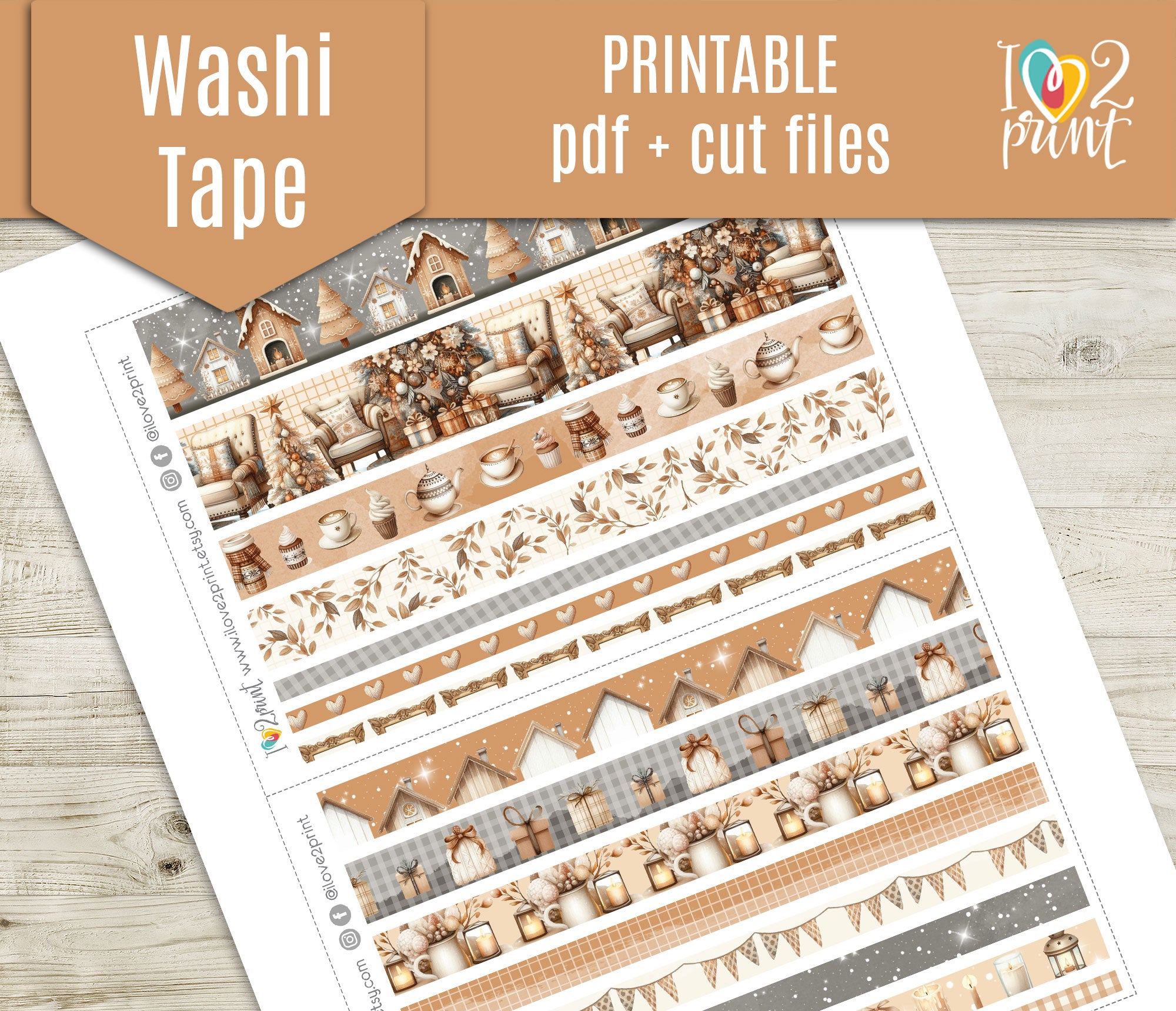 neutral christmas strips set | holidays planner washi tape | printable &  cut files