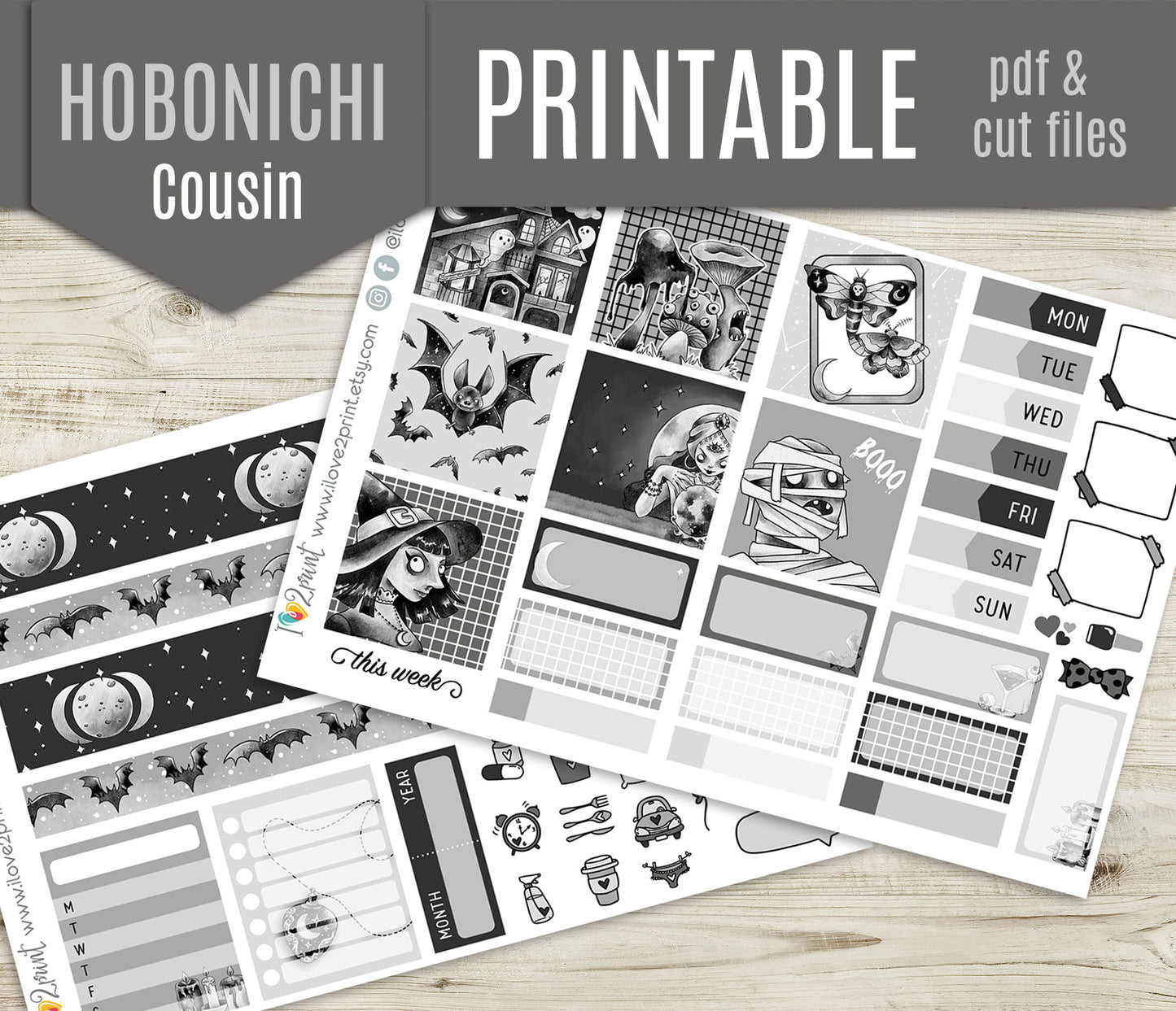 Nocturnal Shadows Stickers - Hobonichi Cousin - Printable PDF & Cut Files