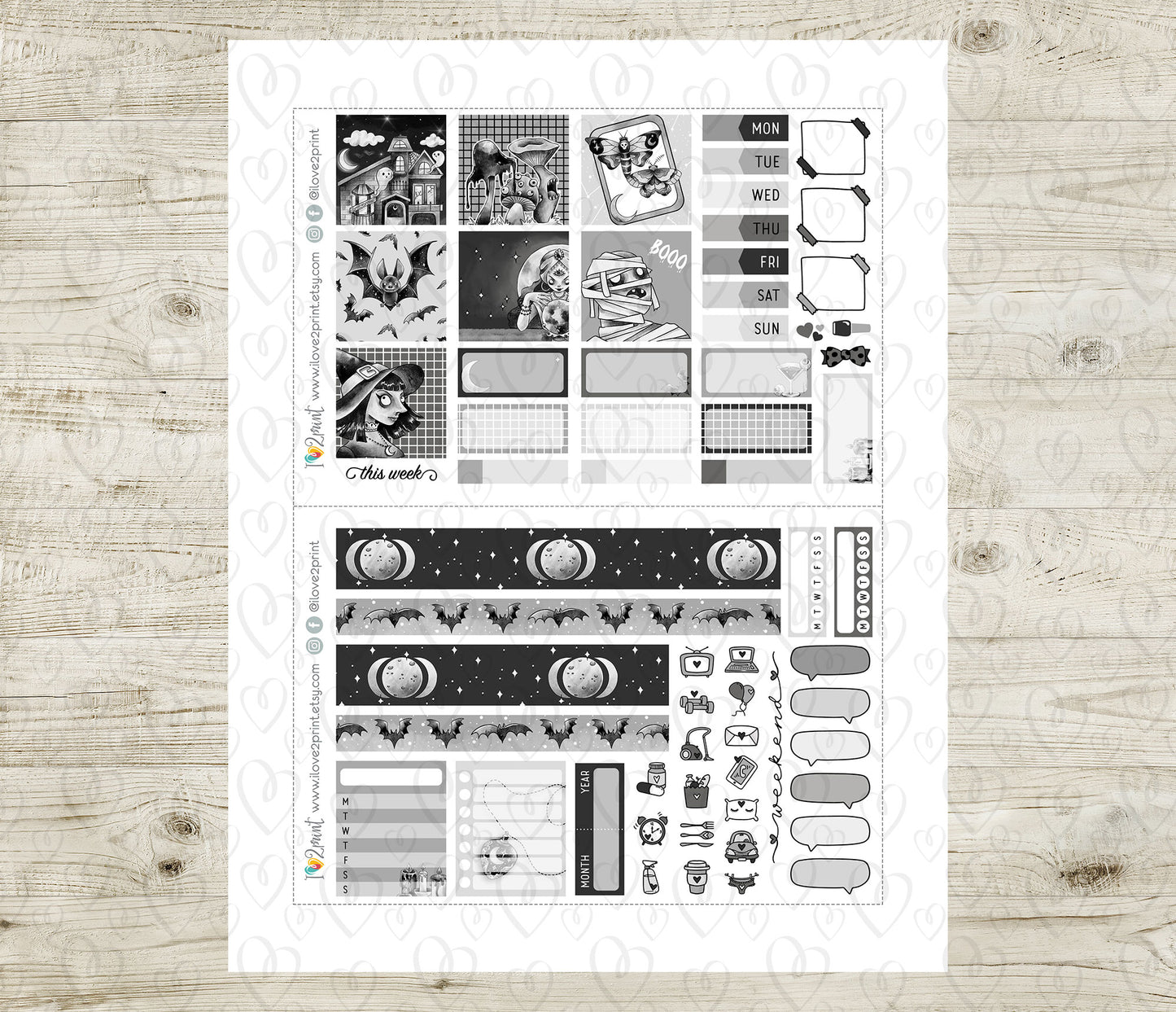 Nocturnal Shadows Stickers - Hobonichi Cousin - Printable PDF & Cut Files