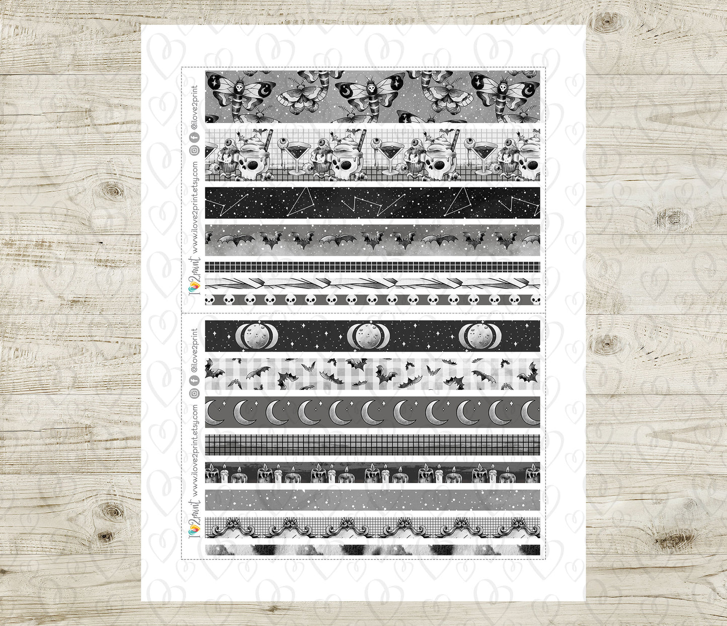 Nocturnal Shadows Washi Tape Stickers - Printable PDF & Cut Files