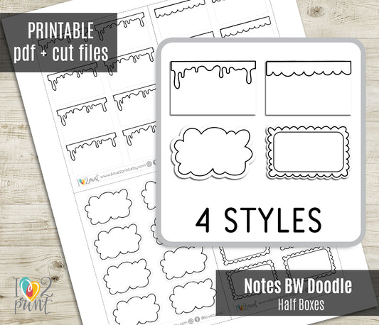 Doodle Notes Printable Planner Stickers | Scallop Ink Bubble Half Boxes | 4 Variations | PDF Cut Files