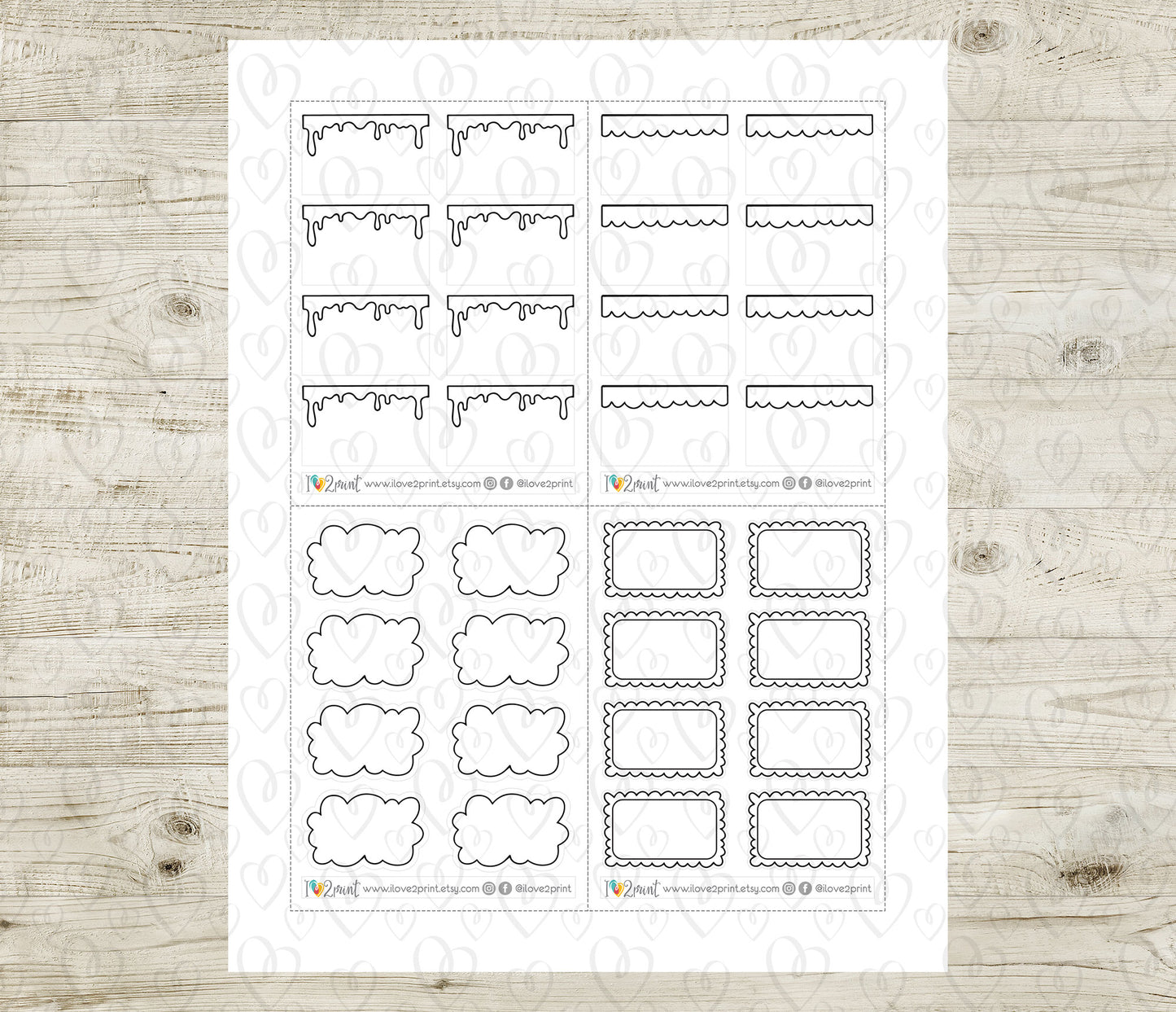 Doodle Notes Printable Planner Stickers | Scallop Ink Bubble Half Boxes | 4 Variations | PDF Cut Files