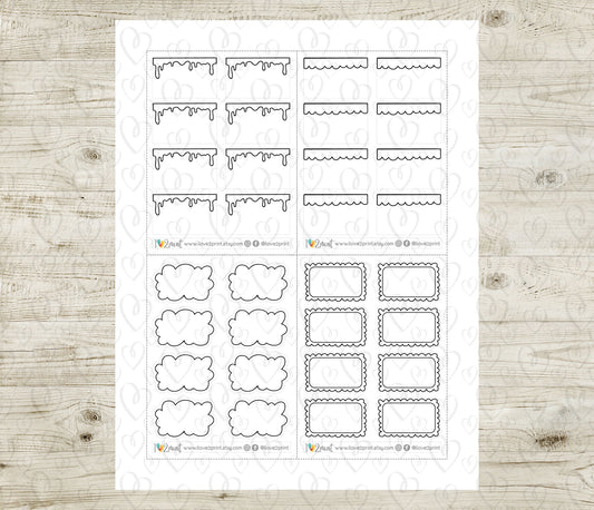 Sheet of planner stickers with various label designs on a wooden surface