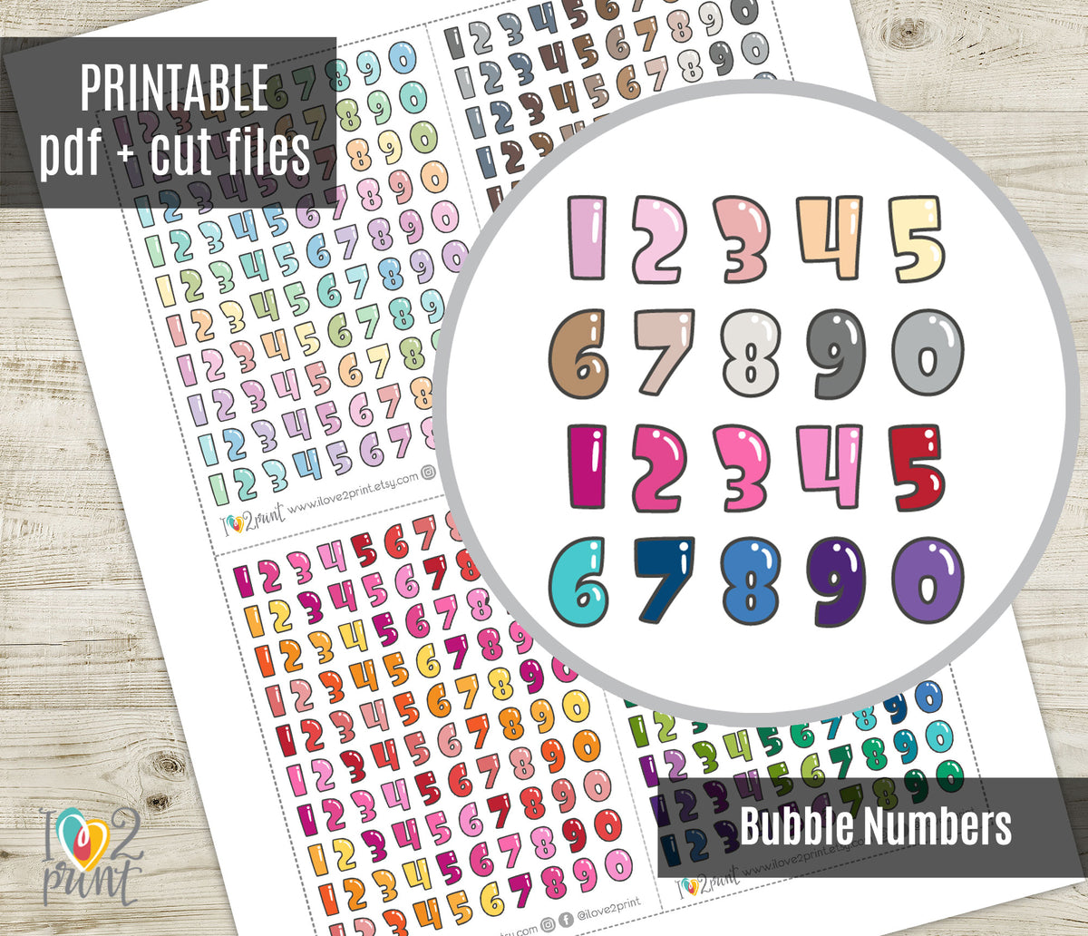 Printable Bubble Font Numbers Planner Stickers - PDF & Cut Files