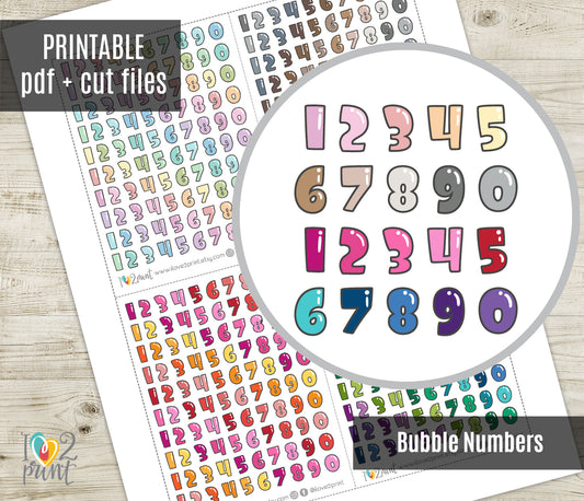 Printable Bubble Font Numbers Planner Stickers - PDF & Cut Files