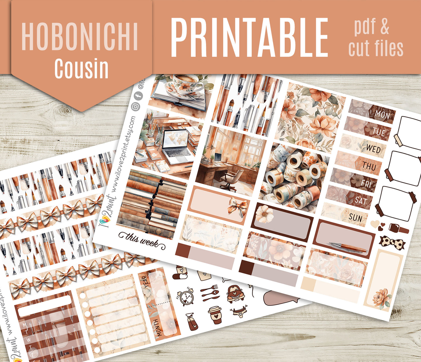 Cozy Office Hobonichi Cousin Stickers | Terracotta Work Daily | PDF Cut Files