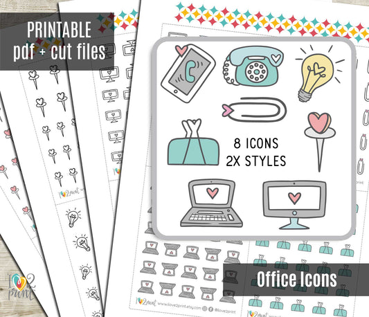 Office Icons Stickers Set  - Functional Printable Stickers - PDF & Cut Files