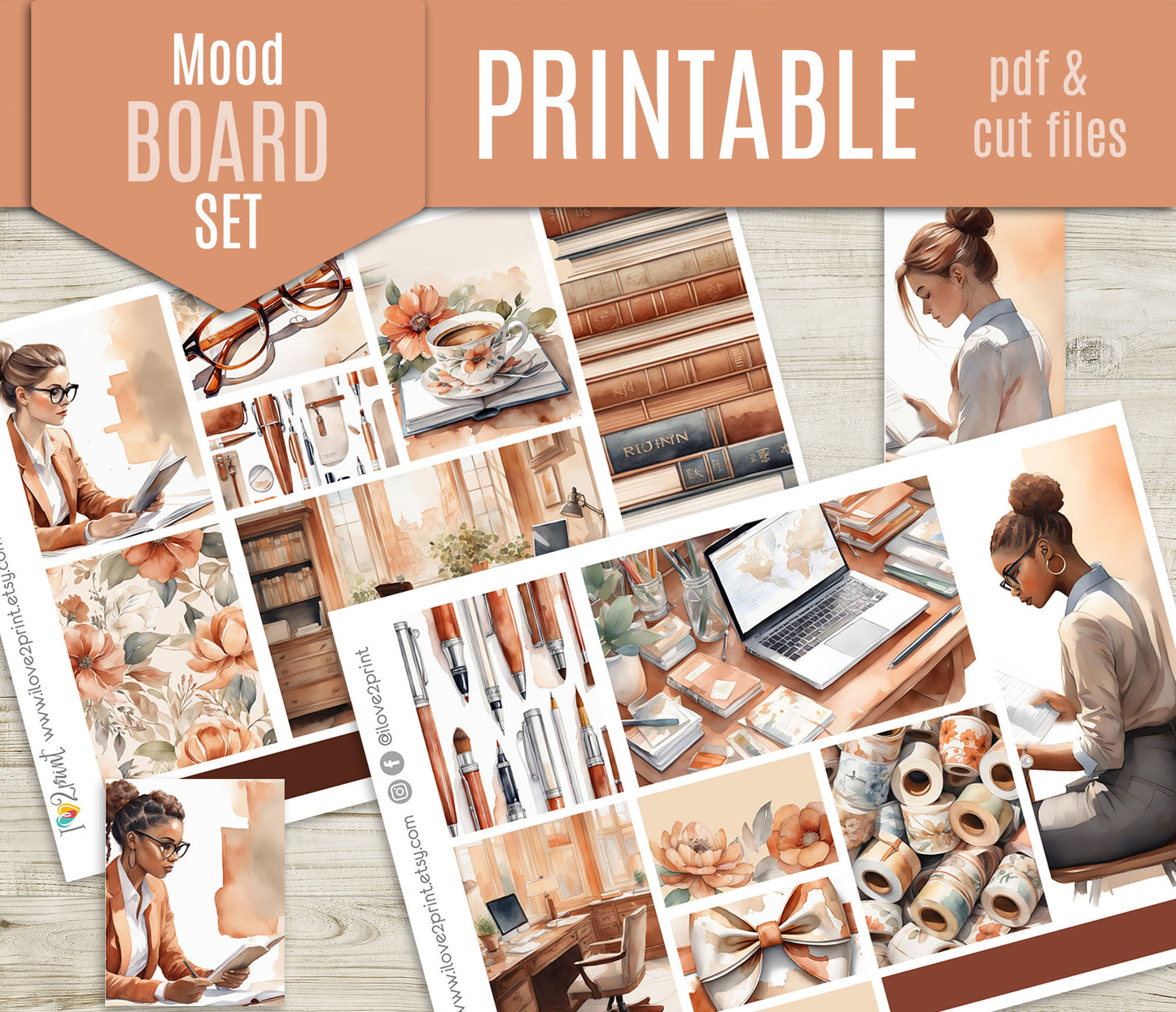 Cozy Office Moodboard 1.5" Printable Stickers | Terracotta Floral Workspace | PDF Cut Files