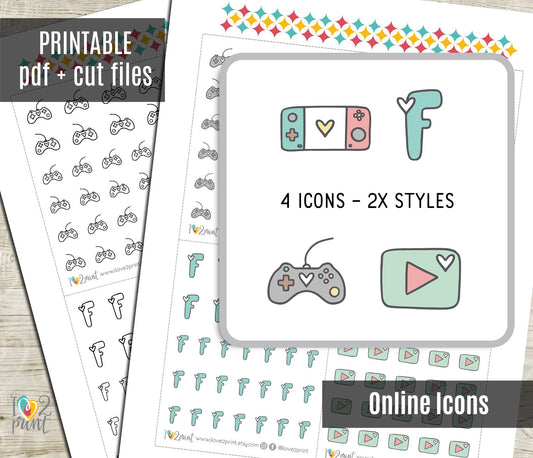 Printable Online Icons Stickers – YouTube, Facebook, Video Game & Controller – Instant Download PDF + Cut Files