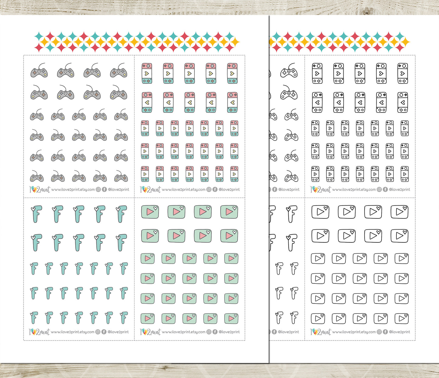 Printable Online Icons Stickers – YouTube, Facebook, Video Game & Controller – Instant Download PDF + Cut Files