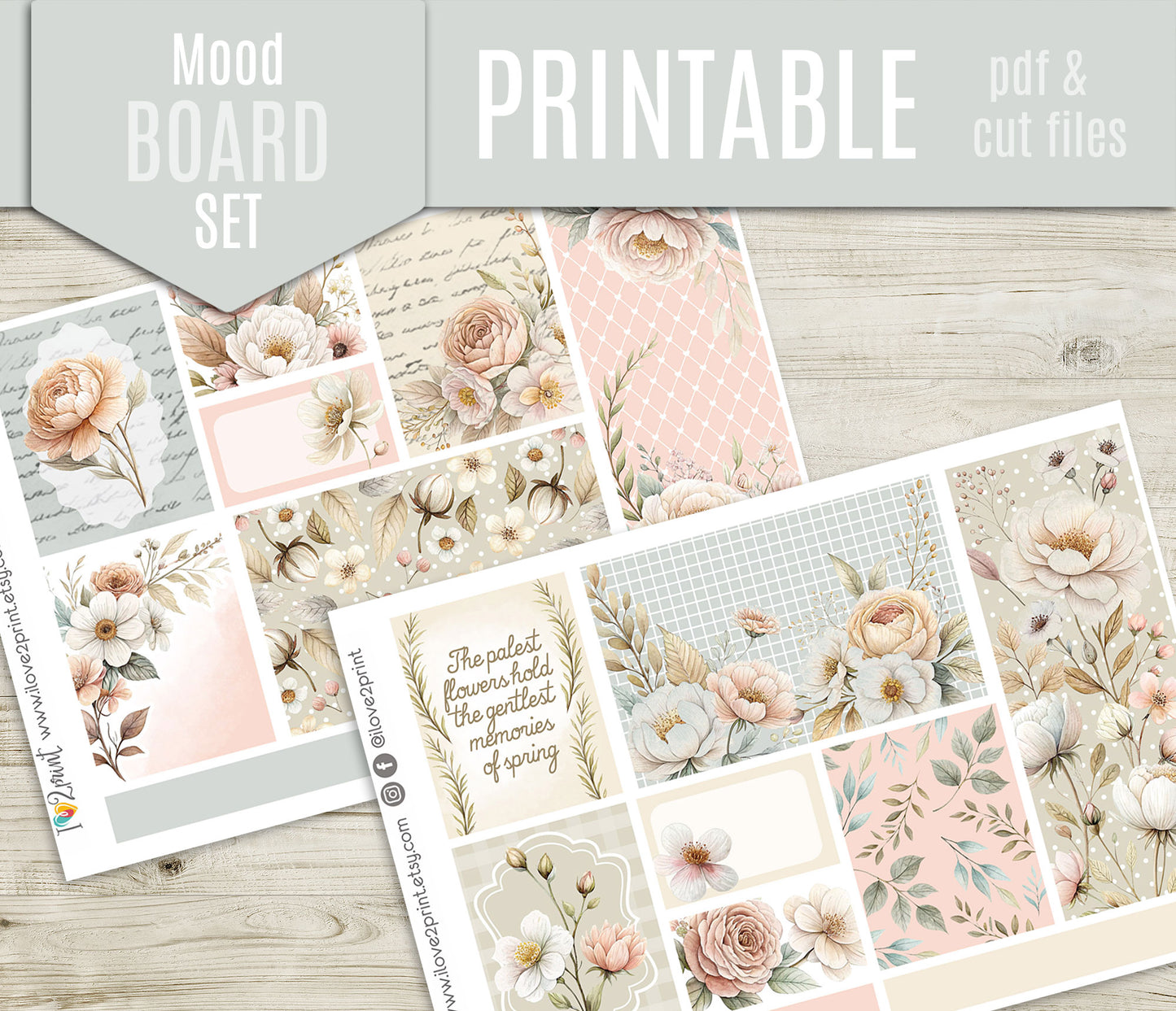Pale Bouquet Moodboard Decorative Box Stickers - 1.5" Printable PDF & Cut Files