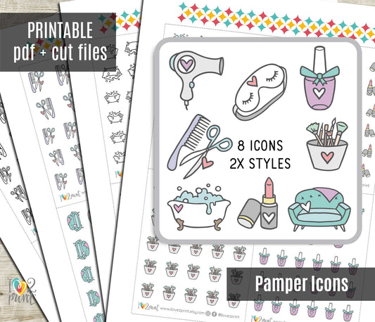 Printable Pampering Icons Stickers – Spa, Self-Care, Relaxation – Instant Download PDF + Cut Files