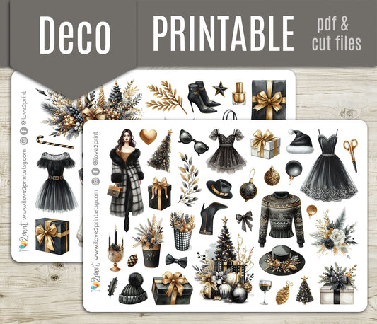 Party Night Decorative Printable Planner Stickers | Christmas New Year | PDF Cut Files | Instant Download