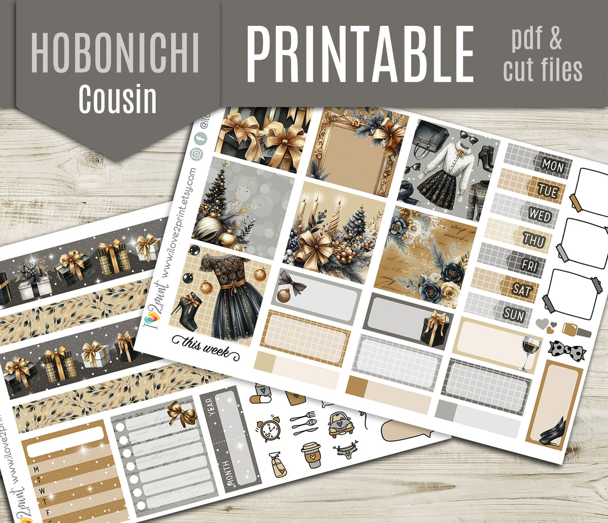 Party Night Hobonichi Cousin Printable Planner Stickers | Christmas | PDF Cut Files