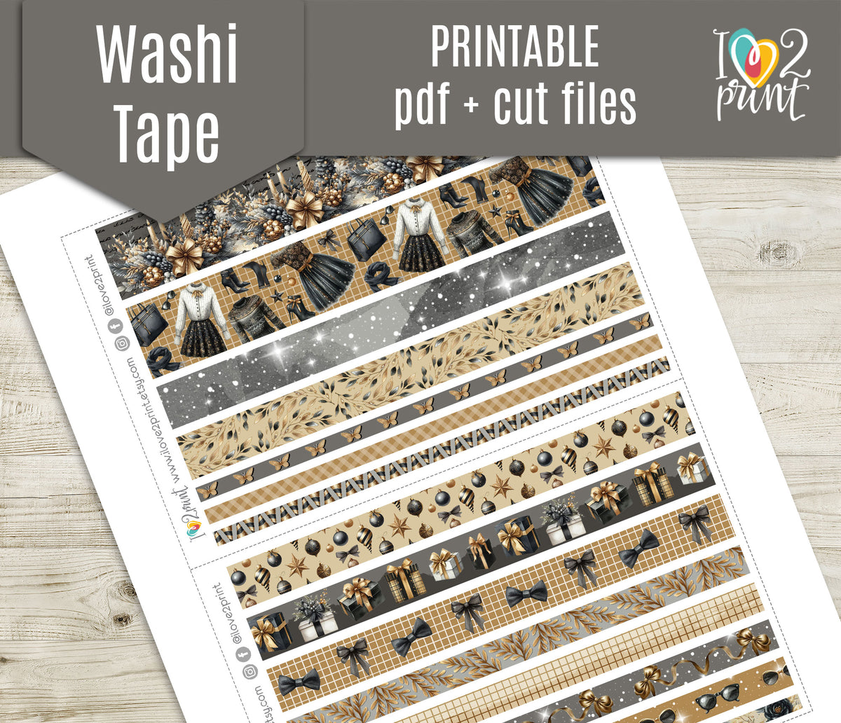 Party Night Printable Washi Tape | Christmas New Year | Planner Craft | PDF Cut Files | Instant Download