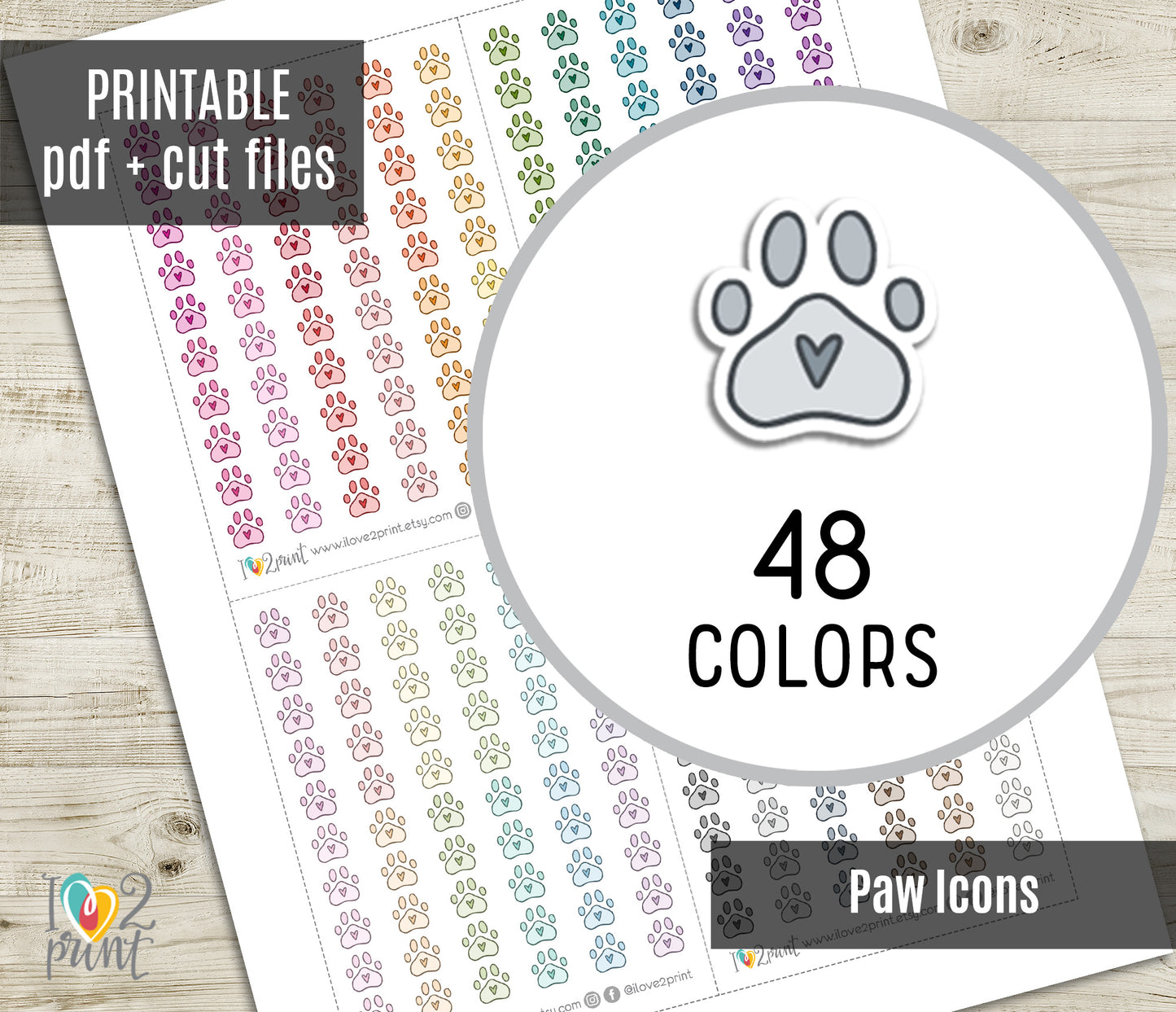 Paw Mini Icons – Functional Printable Stickers in 48 Colors – PDF & Cut Files