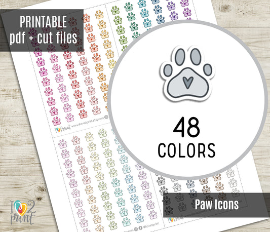 Paw Mini Icons – Functional Printable Stickers in 48 Colors – PDF & Cut Files