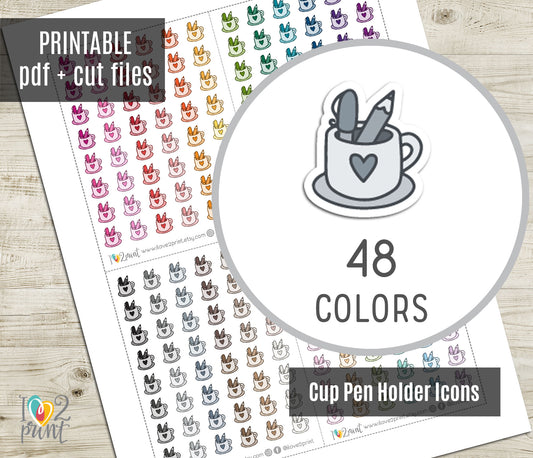 Pen Cup Holder Icons – Functional Printable Planner Stickers in 48 Colors – PDF & Cut Files